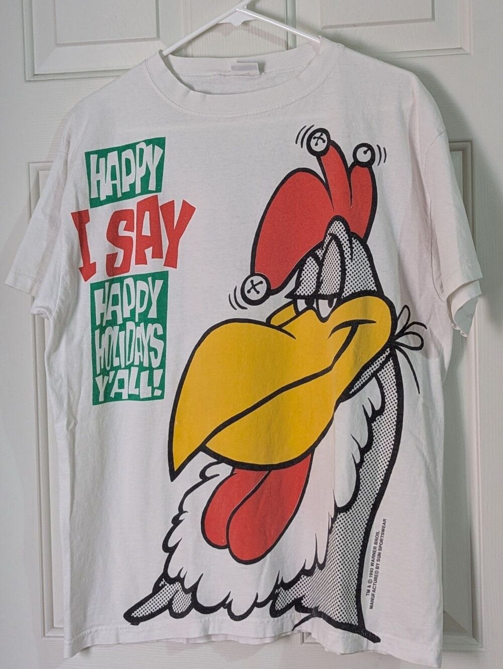 VTG 90s Foghorn Leghorn Looney Tunes T-Shirt LARGE Happy Holidays Yall Christmas